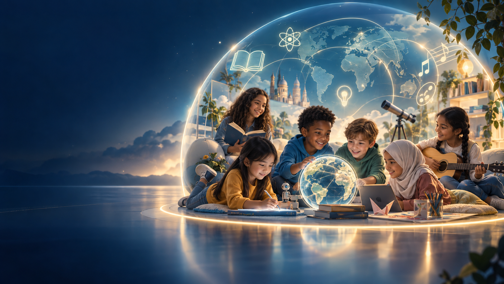 Illustration of children reading, creating, and exploring together in an imagined digital learning space